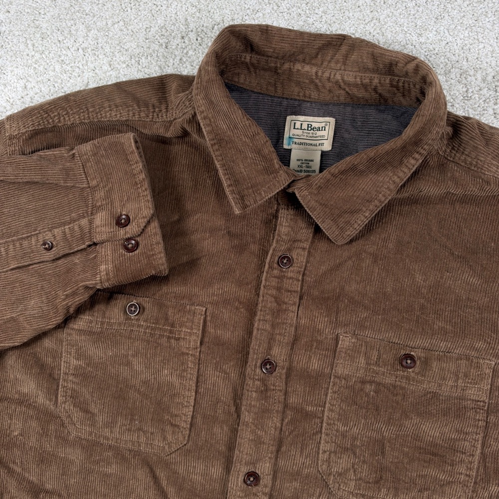 L.L. Bean Button Down Mens XXL-Tall Brown Corduroy Traditional Fit Shirt 506135